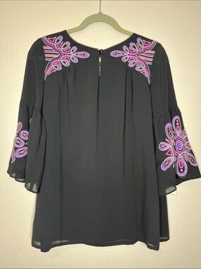 Bob Mackie Black and Purple Blouse Size XS Wearable Art Relaxed Fit Embroidery